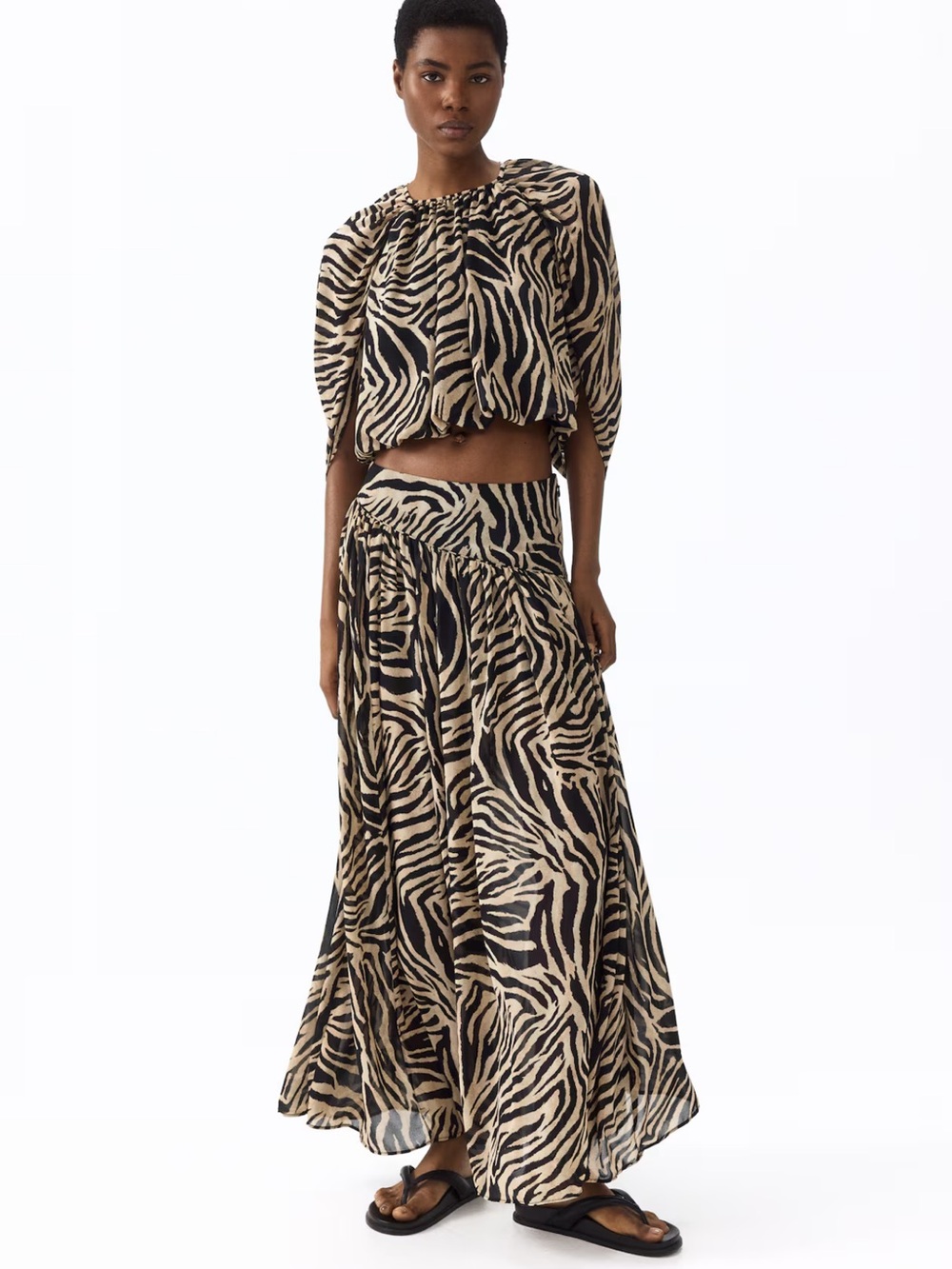 H&M Woven Zebra-Print Maxi Skirt and Top - Beige/Black